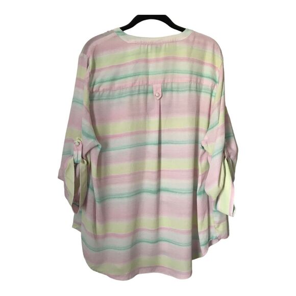 Torrid Harper Georgette Top Size 2 Pastel Stripe 3/4 Sleeve Roll Tab Sheer Tunic - Picture 7 of 13